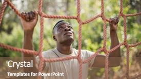  Presentation with boot camp - PPT theme featuring military soldier climbing net background and a coral colored foreground