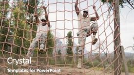  Presentation with obstacle course - Colorful PPT layouts enhanced with military soldiers climbing a net backdrop and a coral colored foreground