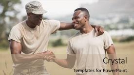  Presentation with shaking hands - Amazing PPT theme having military soldiers shaking hands backdrop and a coral colored foreground