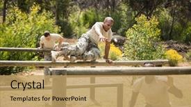  Presentation with training camp - Audience pleasing presentation theme consisting of military soldiers training on fitness backdrop and a coral colored foreground