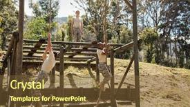  Presentation with training camp - Amazing slide deck having military soldiers training rope climbing backdrop and a tawny brown colored foreground