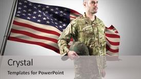  Presentation with american flag - Colorful presentation enhanced with military standing against american flag backdrop and a light gray colored foreground