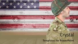  Presentation with 3d figure american flag - Presentation design having military standing against american flag background and a  colored foreground