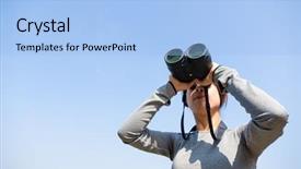  Presentation with binoculars at a lookout point - PPT layouts enhanced with military strategy - woman looking though binoculars background and a light blue colored foreground