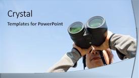  Presentation with woman - Slides enhanced with military strategy - woman watching though binoculars background and a  colored foreground