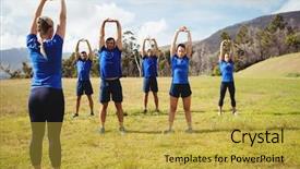  Presentation with training camp - Presentation consisting of military teamwork - female trainer giving training background and a yellow colored foreground