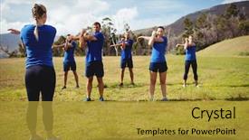  Presentation with training camp - Amazing PPT theme having military teamwork - female trainer giving training backdrop and a gold colored foreground