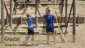  Presentation with obstacle course - Colorful PPT theme enhanced with military teamwork - fit man and woman giving backdrop and a coral colored foreground
