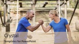  Presentation with obstacle course - Beautiful PPT theme featuring military teamwork - fit man and woman greeting backdrop and a lemonade colored foreground