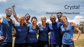  Presentation with boot camp - Slide deck having military teamwork - group of fit people posing background and a light blue colored foreground