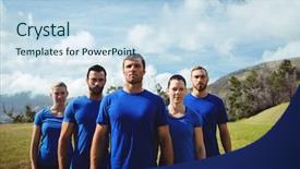  Presentation with boot camp - Cool new slide deck with military teamwork - group of fit people posing backdrop and a  colored foreground