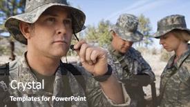  Presentation with microphone - Cool new presentation theme with military teamwork - male solider communicating on microphone backdrop and a dark gray colored foreground