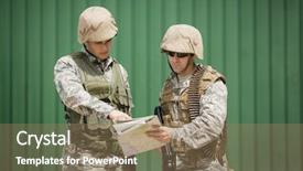  Presentation with boot camp - Theme enhanced with military teamwork - soldiers having discussion over map background and a coral colored foreground