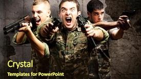  Presentation with rifles - Beautiful PPT theme featuring military teamwork - tree armed soldiers with gas backdrop and a wine colored foreground