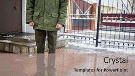  Presentation with military - Beautiful slide set featuring military uniform stands near checkpoint backdrop and a coral colored foreground