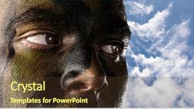  Presentation with sky blue - PPT layouts consisting of military war - young soldier face with jungle background and a tawny brown colored foreground