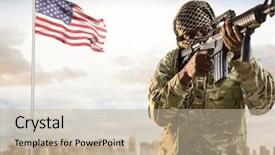  Presentation with weapon - Colorful slides enhanced with military with covered face holding backdrop and a  colored foreground