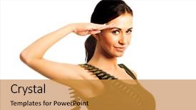  Presentation with military - Audience pleasing slide set consisting of military woman making salute gesture backdrop and a gold colored foreground