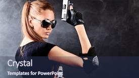  Presentation with guns - Cool new PPT theme with military woman posing with gun backdrop and a ocean colored foreground