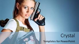  Presentation with guns - Slides having military woman posing with gun background and a light blue colored foreground