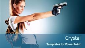 Presentation with guns - Slides with military woman posing with gun background and a ocean colored foreground