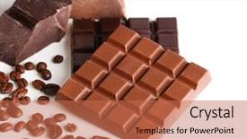  Presentation with chocolate milk - Presentation theme with milk and black chocolate bars with coffee beans isolated on white background and a coral colored foreground