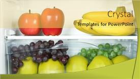  Presentation with refrigerator - PPT theme with milk bottles vegetables and fruits in open refrigerator weight loss diet concept background and a yellow colored foreground