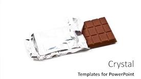  Presentation with chocolate milk - Presentation theme enhanced with milk chocolate bar in foil isolated on white background background and a white colored foreground