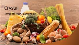  Presentation with grocery - Amazing PPT theme having milk fruit - assorted grocery products backdrop and a coral colored foreground