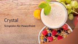  Presentation with healthy breakfast - Theme having milk fruit - healthy breakfast on wooden table background and a coral colored foreground