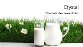  Presentation with green glass - Colorful presentation design enhanced with milk jug and glass on fresh green grass with chamomiles isolated on white backdrop and a white colored foreground
