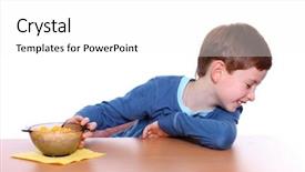  Presentation with breakfast - Presentation theme enhanced with milk poured cereal - little boy breakfast isolated background and a  colored foreground