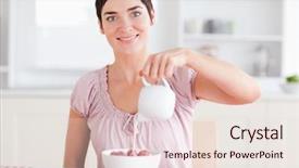  Presentation with ice cream strawberry - Amazing presentation theme having milk poured cereal - woman pouring cream over strawberries backdrop and a  colored foreground