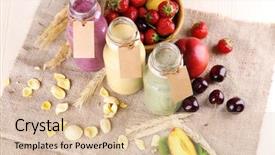  Presentation with green chemistry dropper bottles - PPT theme featuring milk price - bottles of delicious smoothie background and a  colored foreground