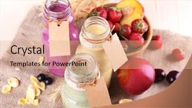  Presentation with green chemistry dropper bottles - PPT theme having milk price - bottles of delicious smoothie background and a  colored foreground