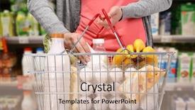  Presentation with products supermarket - Beautiful theme featuring milk price - woman holding basket with products backdrop and a soft green colored foreground