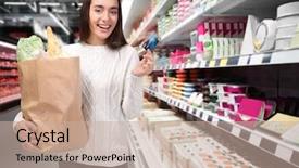  Presentation with products supermarket - Audience pleasing slides consisting of milk price - young woman holding credit card backdrop and a coral colored foreground