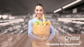  Presentation with products supermarket - Slides enhanced with milk price - young woman holding paper bag background and a coral colored foreground