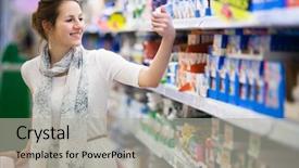  Presentation with grocery store - Amazing PPT theme having milk produce - beautiful young woman shopping backdrop and a light gray colored foreground