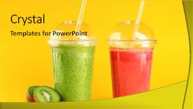  Presentation with kiwi - Amazing PPT theme having milk shake - delicious kiwi and strawberry milkshakes backdrop and a light gray colored foreground