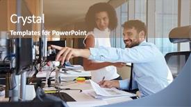  Presentation with office desk reception - Beautiful slide deck featuring millenials - businesspeople working at office desk backdrop and a coral colored foreground