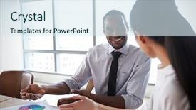  Presentation with employees working together - Slide set consisting of millenials - businesspeople working on laptop background and a sky blue colored foreground