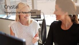  Presentation with office desk reception - Beautiful theme featuring millenials - businesswomen working at office desk backdrop and a coral colored foreground