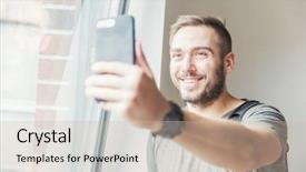  Presentation with man holding phone - PPT theme having millenials - fit millenial man taking background and a soft green colored foreground