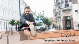  Presentation with cheerful stylish city girl using - PPT theme having millenials - man streching his muscles using background and a coral colored foreground
