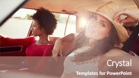  Presentation with road trip cars - Slides enhanced with millenials - portrait of friends relaxing background and a coral colored foreground