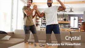  Presentation with celebrate life - PPT layouts with millenials - two excited male friends celebrate background and a violet colored foreground