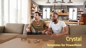  Presentation with friends - Presentation design consisting of millenials - two male friends sit background and a tawny brown colored foreground