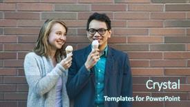  Presentation with ice cream cones - PPT theme with millenials - two smiling young people holding background and a ocean colored foreground