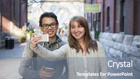  Presentation with people street - Cool new theme with millenials - two young people taking backdrop and a seafoam green colored foreground